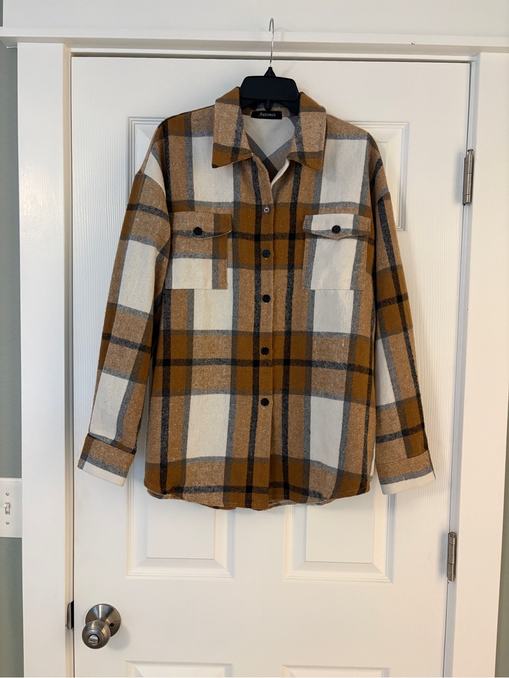 Wool-Blend Plaid Button-Down Shirt Jacket - Tan & Cream